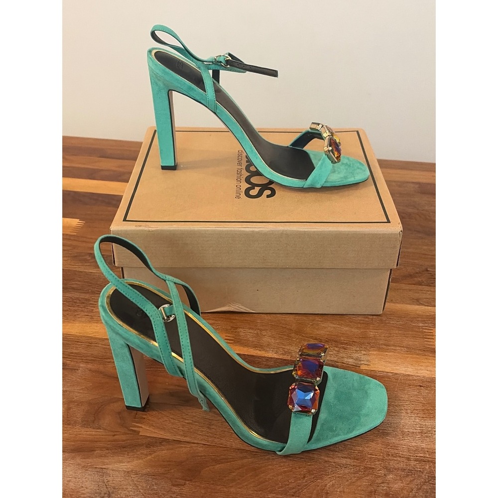 ASOS Hearing Embellished Heeled Sandals Green Faux Suede Crystal Square Toe UK 8